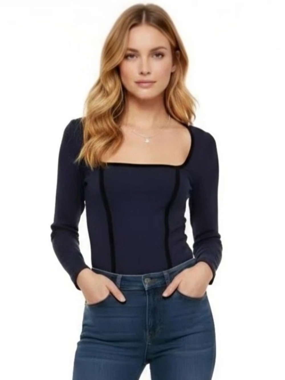 Sandro Jemly Navy Square Neck Long Sleeve Top w/Black Velvet Trim